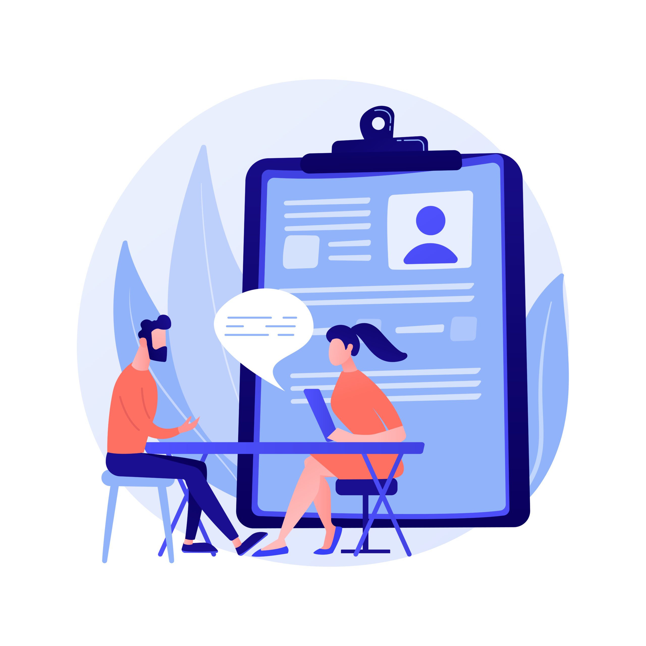 Job interview process. Hiring new employees. HR specialist cartoon character talking to new candidatee. Recruitment, employment, headhunting. Vector isolated concept metaphor illustration