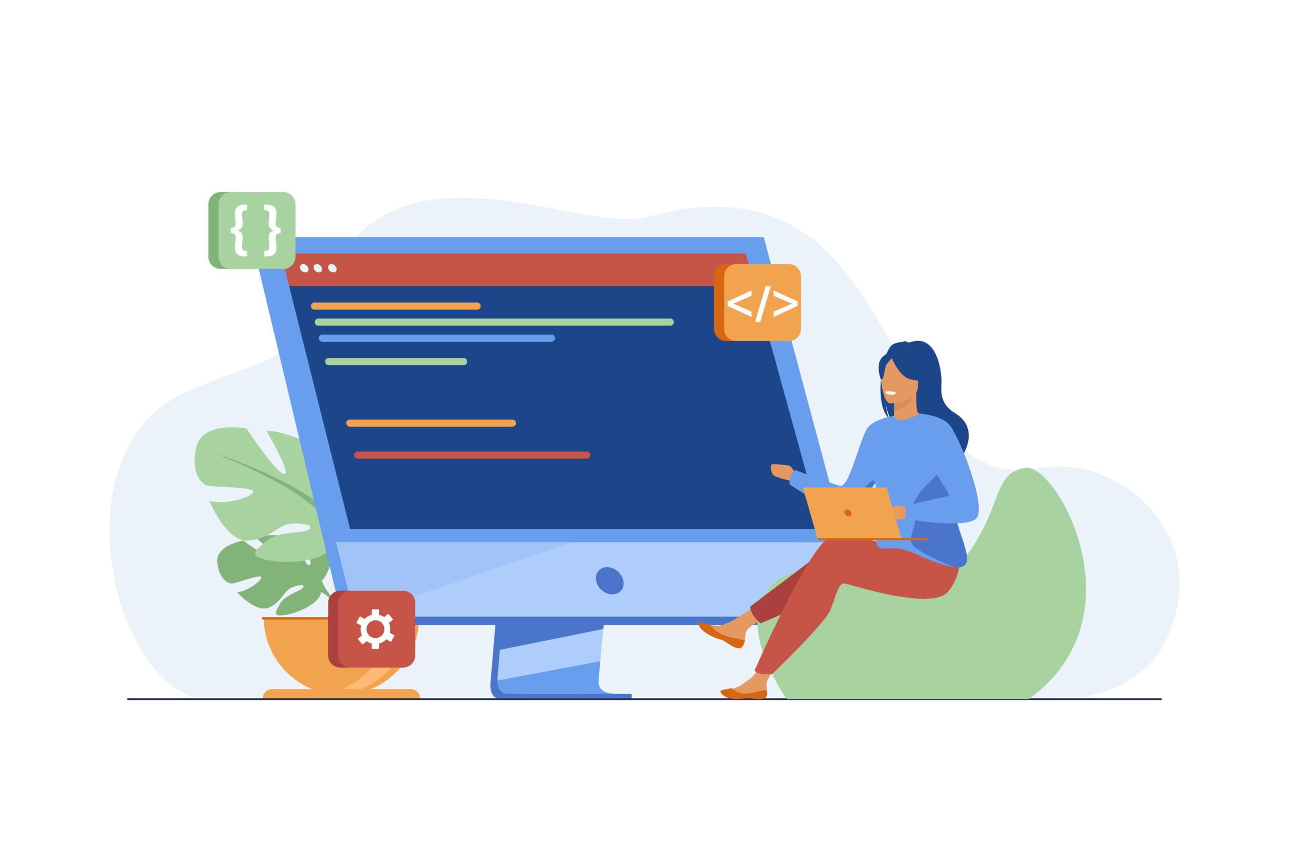 Young tiny girl sitting and coding via laptop. Computer, programmer, code flat vector illustration. IT and digital technology concept for banner, website design or landing web page
