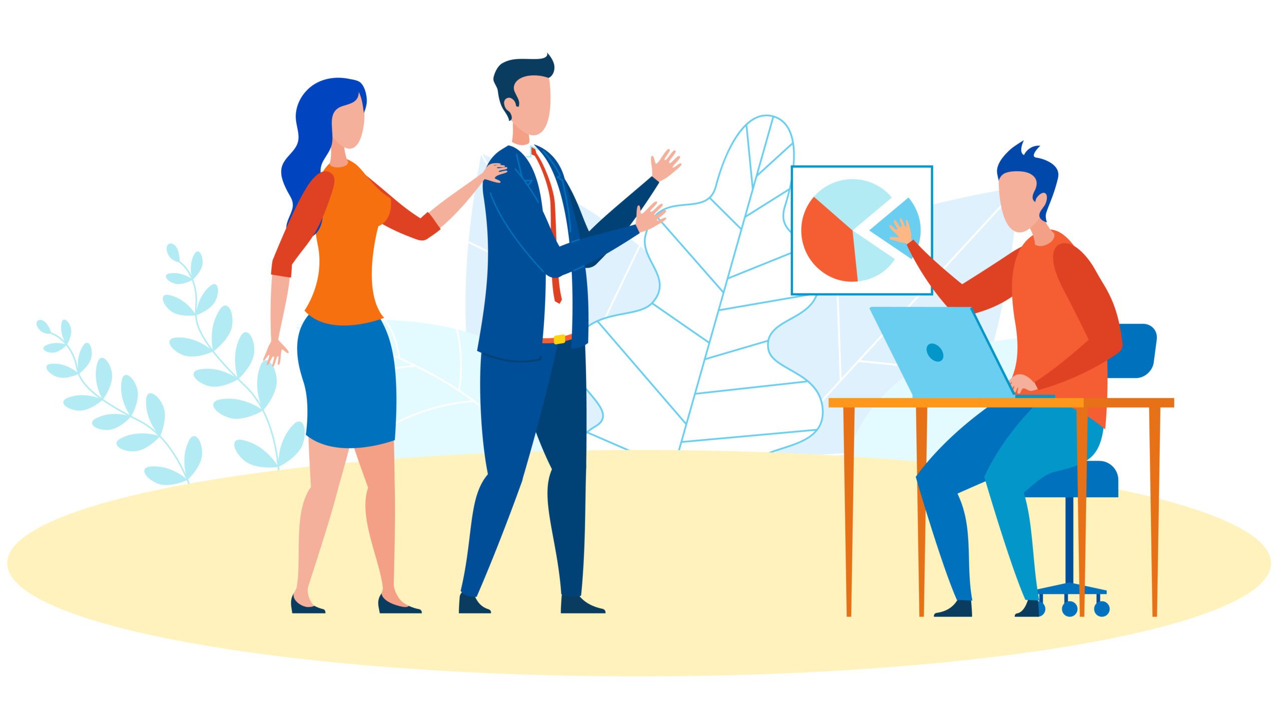 IT Department Worker Behind Desk Flat Illustration. Human Resources Department Work Cartoon. Colleagues Having Casual Conversation. Workplace Relationship, Confrontation. Boss and Employee