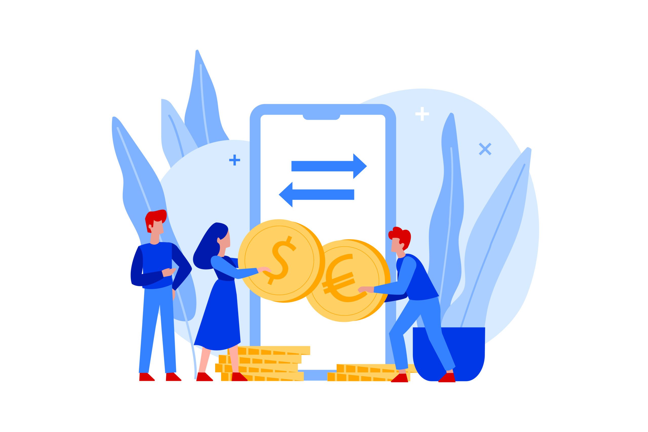 Flat people holding euro and dollar coins in hands. Characters currency exchange or converter. Online money transfer or mobile banking concept. Mobile applications for quickswap of foreign money.