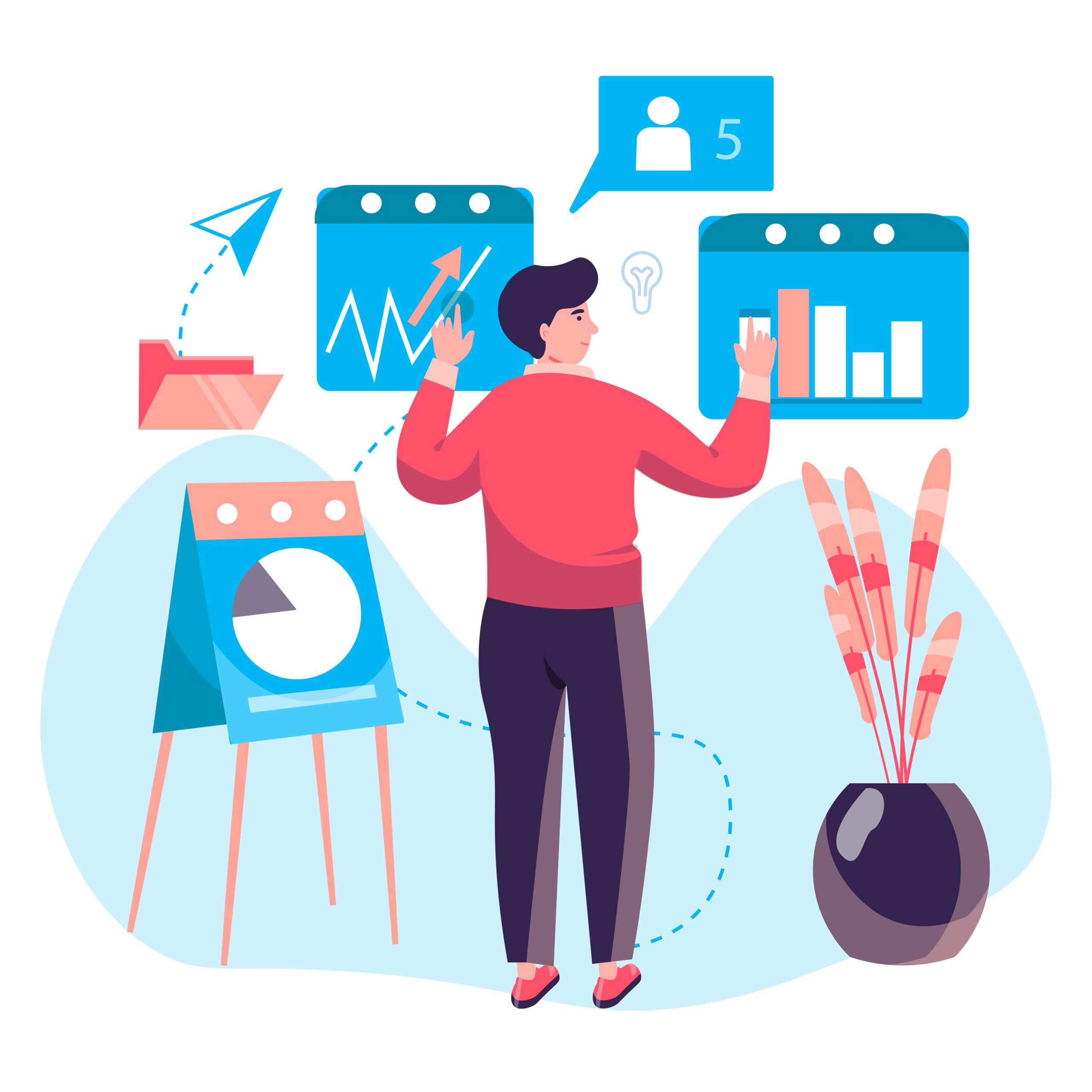 Business process concept. Man analyzes data and company statistics, makes presentation with report. Accounting and consulting character scene. Vector illustration in flat design with people activities