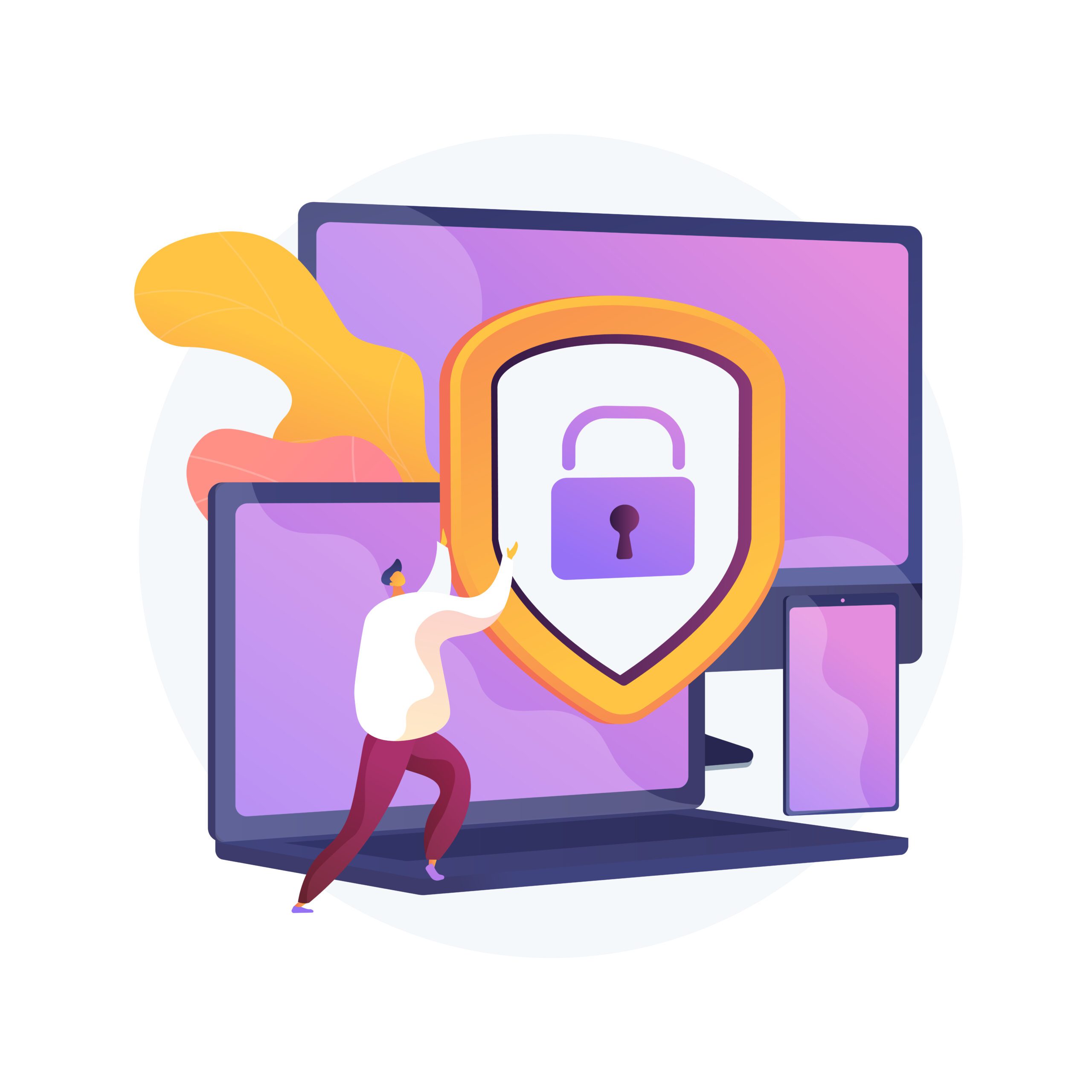 General data security. Personal information protection, database access control, cyber privacy. Synchronized gadgets, cross platform devices regulation. Vector isolated concept metaphor illustration