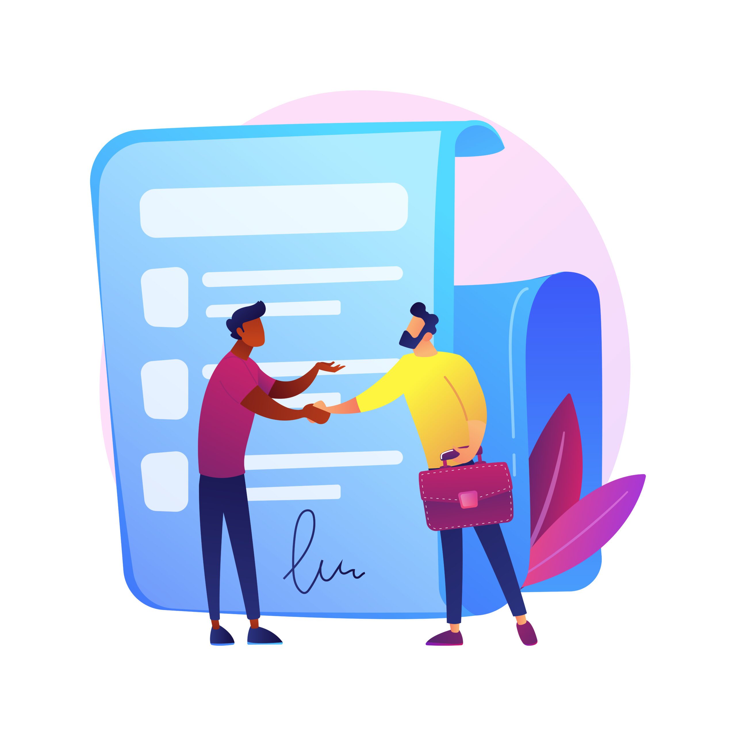 Signing contract. Official document, agreement, deal commitment. Businessmen cartoon characters shaking hands. Legal contract with signature. Vector isolated concept metaphor illustration