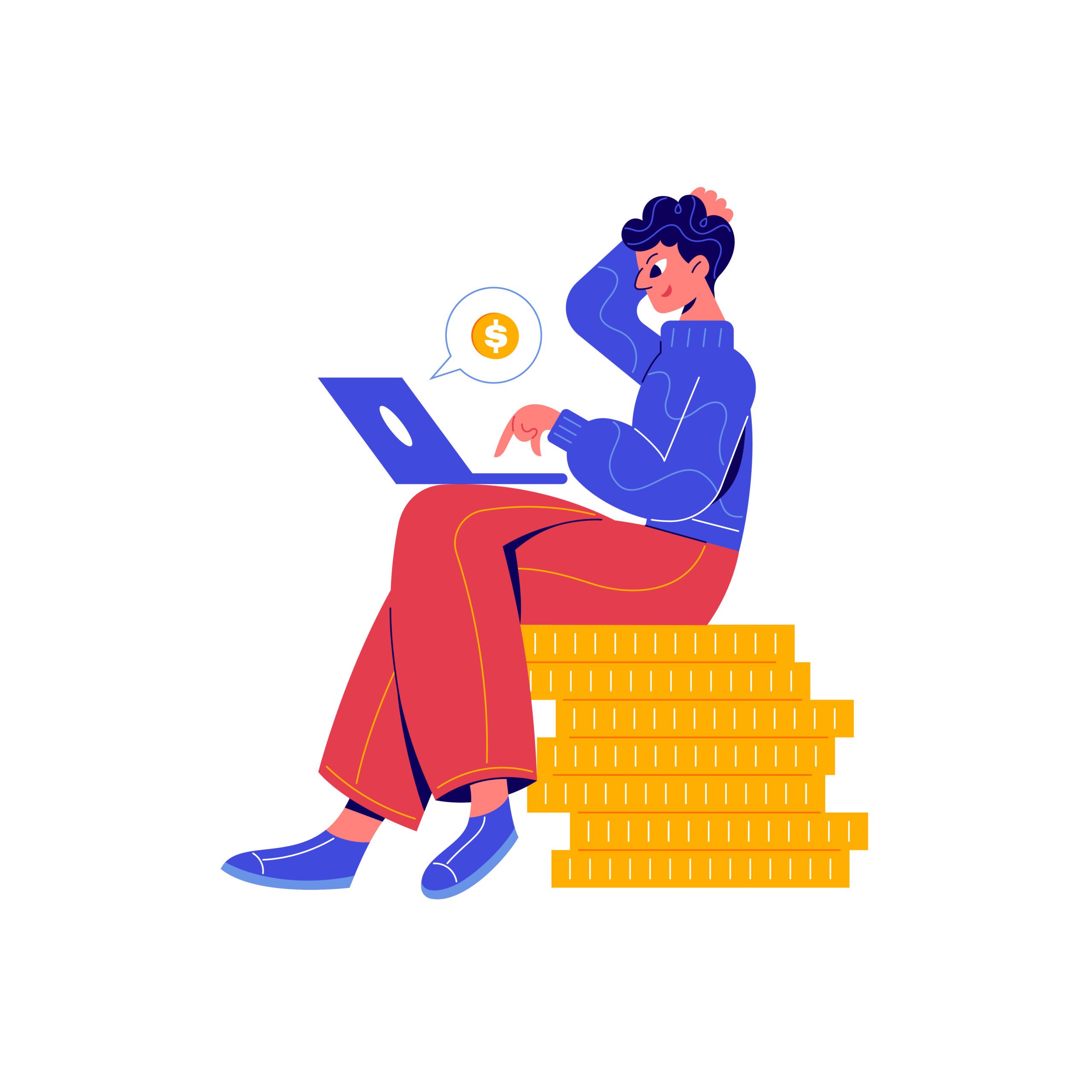Crowdfunding composition with doodle character sitting on stack of coins with laptop vector illustration